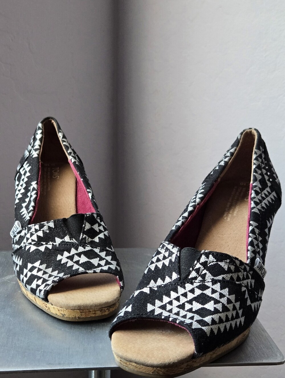 Toms Silver Reina Peep Toe Wedge Toms AZTEC TRIBAL PATTERN